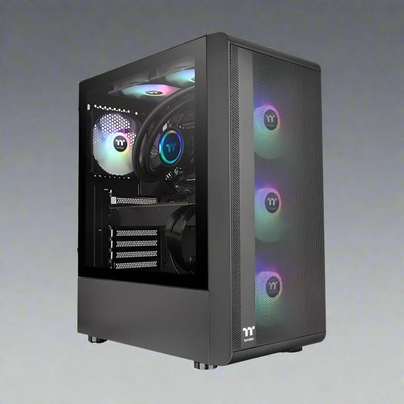 A gaming PC with a black case and RGB lighting, featuring a transparent side panel showing the internal components including the CPU, motherboard, graphics card, cooling system, and RAM.